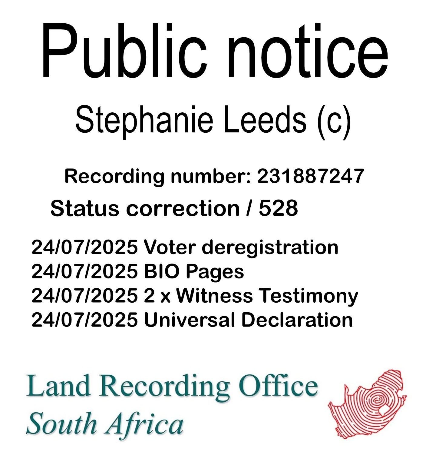 Public notice Stephanie Leeds (c) Recording number 231887247